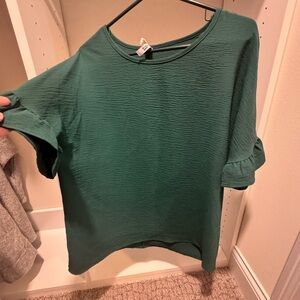 Green Boxy Ribbed Flutter Sleeve Tee